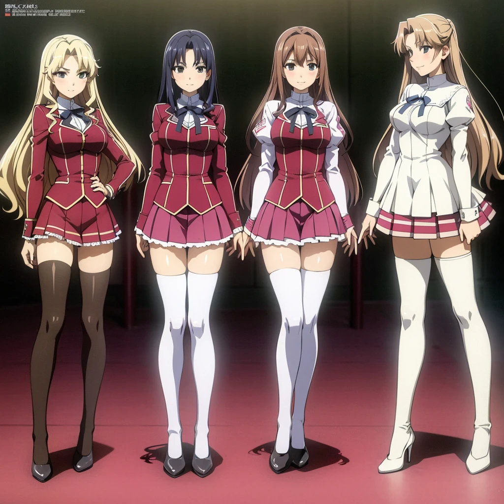 Masterpiece, high quality, 3girls, duo, identical twins, identical sisters, brown hair, curly hair, matching hairstyles, hazel eyes, medium sized bust, (school uniform, sexy school uniform, blazer, lace section, ribbon, rainbow short skirt, white thigh-high socks, black high heels, matching outfits), smile, flat_colour, full body, seductive pose, Duo pose: From the side angle, people&#39;s body curves are beautiful.
hugged from the side