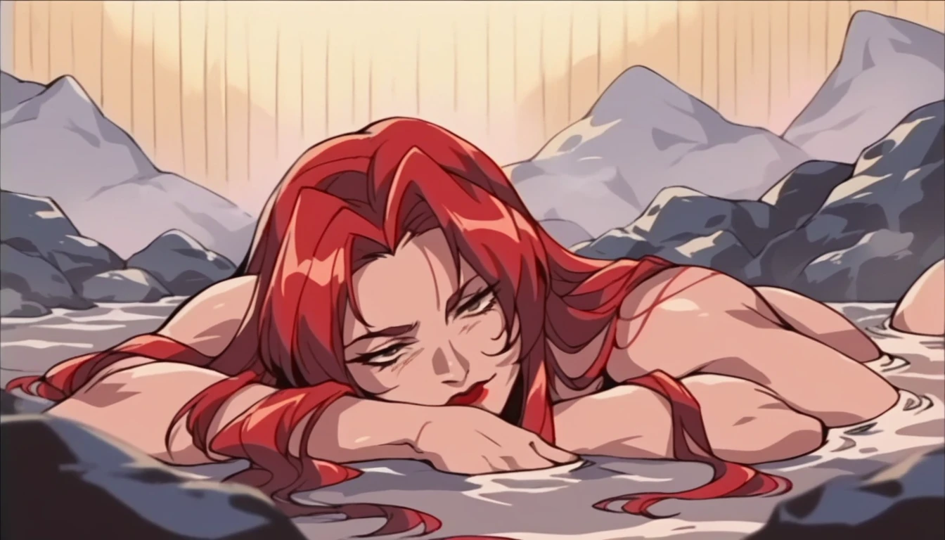 rating_explicit, mature woman, red hair, long hair, red lipstick, lying, waterfall, milf, night background