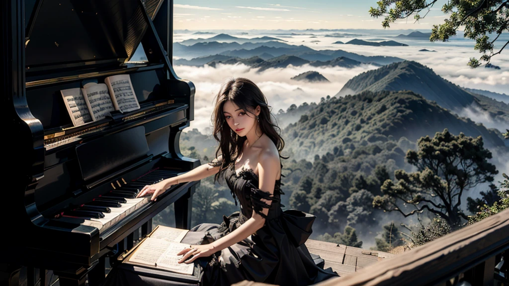 High resolution, (masterpiece:1.4), Very detailed, ,Spectacular, 27 year old girl, View from above, space, floating, (((Playing the piano)))、(((Black torn dress)))、Serious expression、in the forest、In the fog、Black Hair
