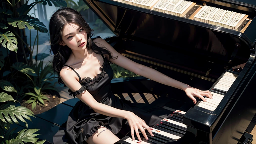 High resolution, (masterpiece:1.4), Very detailed, ,Spectacular, 27 year old girl, View from above, space, floating, (((Playing the piano)))、(((Black torn dress)))、Serious expression、in the forest、In the fog、Black Hair