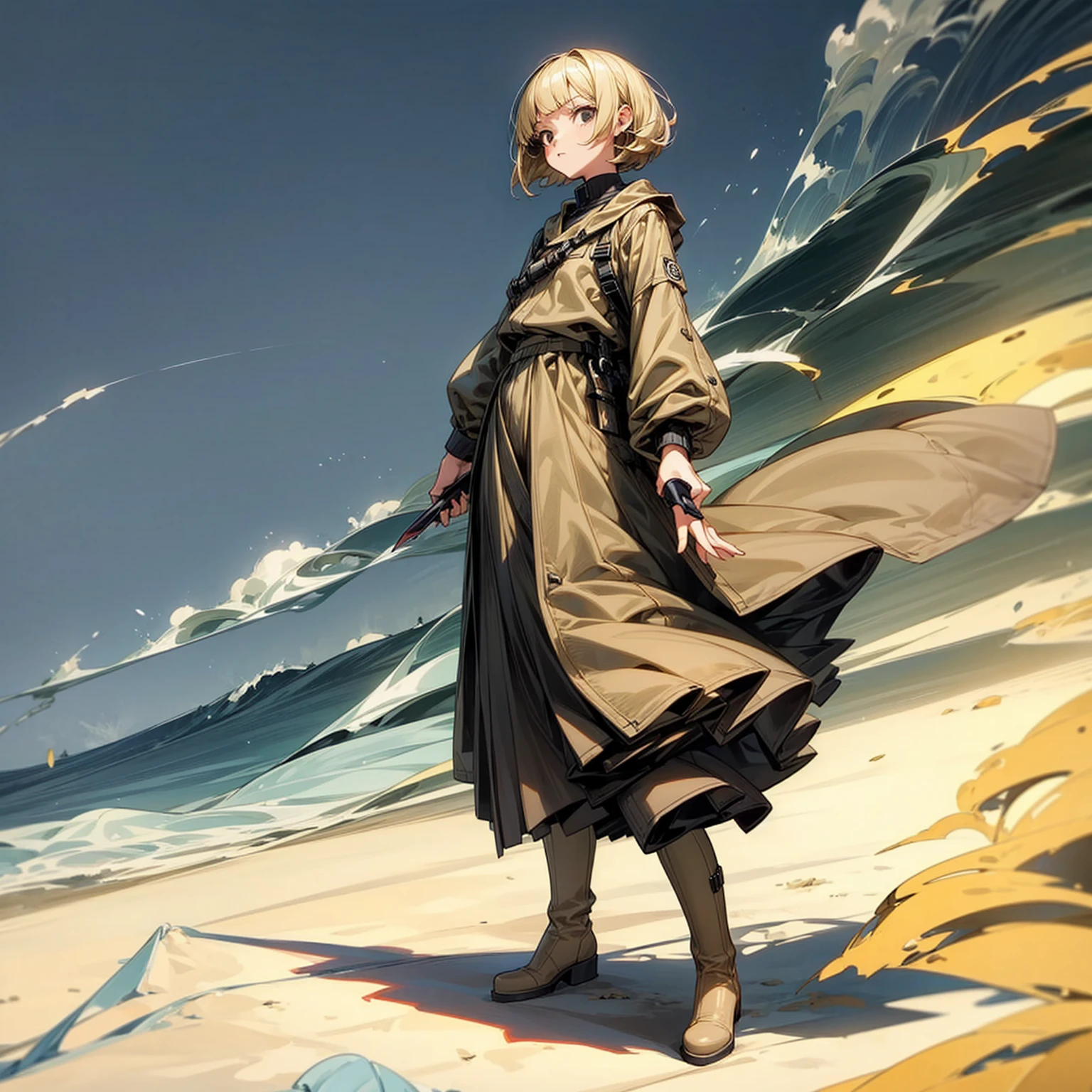 1girl, Full body version, 1character, girl version, black eyes color, bob Curly haircut, blonde colour hair, army style clothing, long skirt, long boots, knife in hand, Grassroots, background in beach, motion blur, (one piece style art), standing gesture 