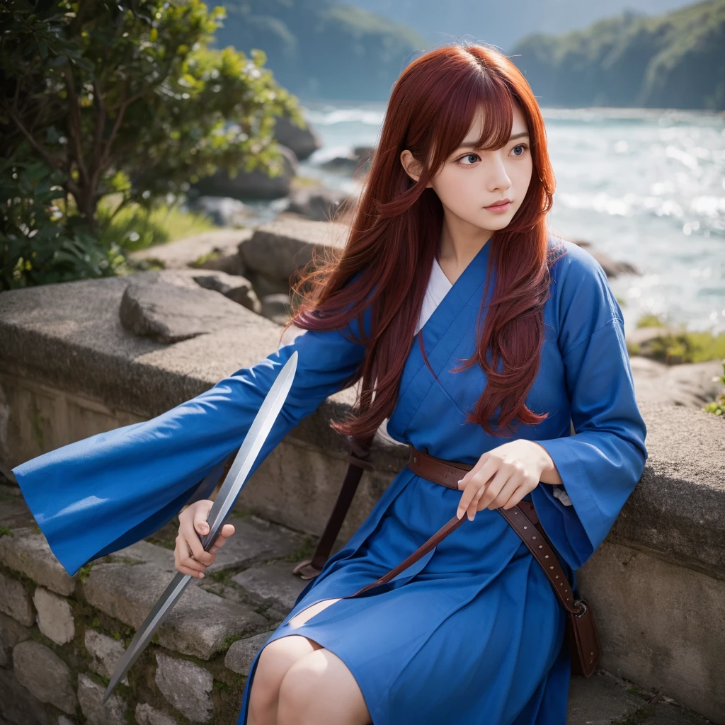 Female Swordsman、cute、blue outfit、Red hair、knife