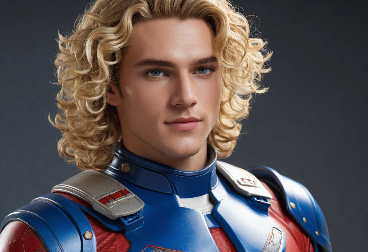 front view, side view, back biew, a dynamic photorealistic ((full-body character sheet)) of a 22years old RYAN DALISH, of north-american origin, fit appearance, well built, blonde curly hairs, chiseled chin, greek demi-god appearance, face like the roman and greek statues, in a red and blue spacesuit with boots, perfect anatomies, detailed faces, detailed skins, detailed eyes and mouths, well aligned teeth, high quality, 4k resolution, photographic, hyperrealistic, 