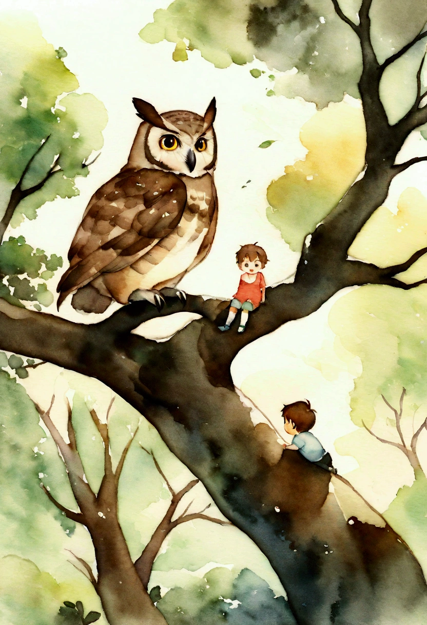 Owl on a tree(owl)and a boy about 4 . Picture books Watercolor