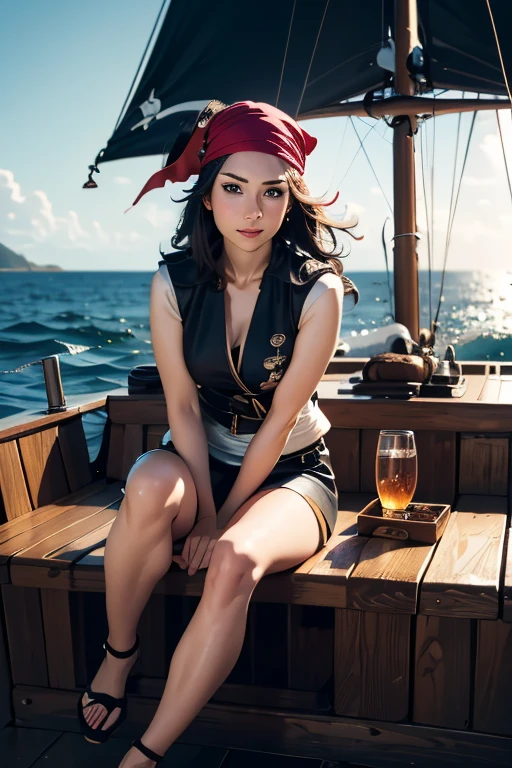 （Highest quality), (High detail), (Vibrant colors), (One girl), A cute female pirate sailing the high seas, High resolution, 4K, From head to toe,Black Flag,pirate ship,