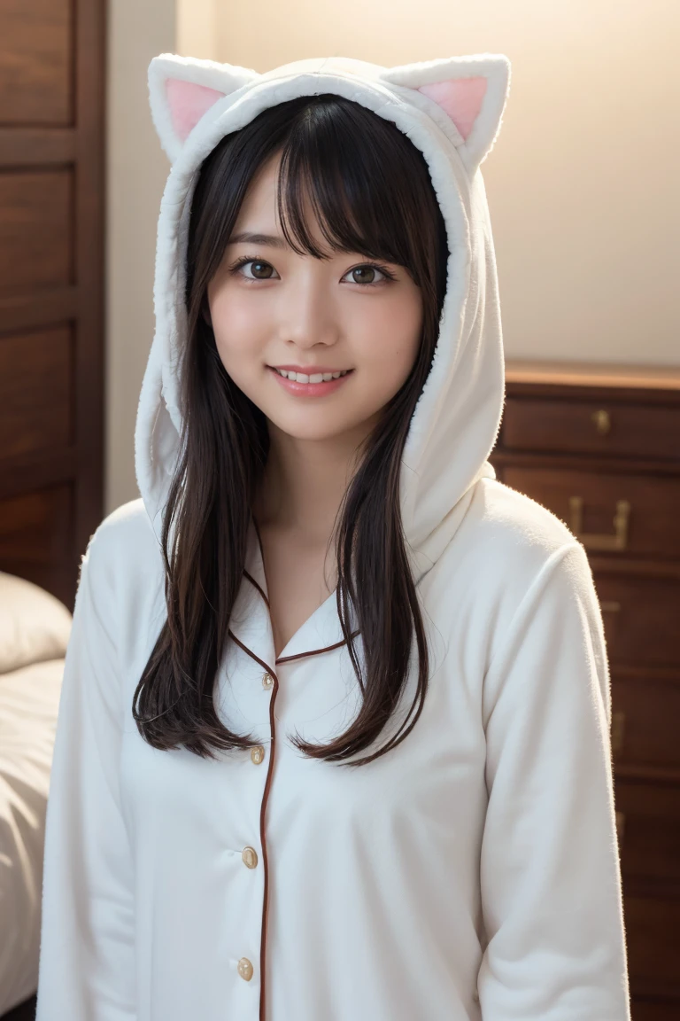 one girl, (a beauty girl, delicate girl:1.3), (Age 25:1.3),
break, (White fluffy kigurumi pajamas, Cat costume:1.2), (Upper Body:1.2),
break, Definition of very fine particles, (Symmetrical eyes:1.3),
break, (Bedroom:1.3), 
break, Small breasts, Brown eyes, Parted bangs, Brown Hair,  girl,
break, (Eye and facial details:1.0),
break, (masterpiece, Highest quality, Very detailed, Detailed face, 8K)、Upper Bodyは裸、Nipples sticking out、smile、