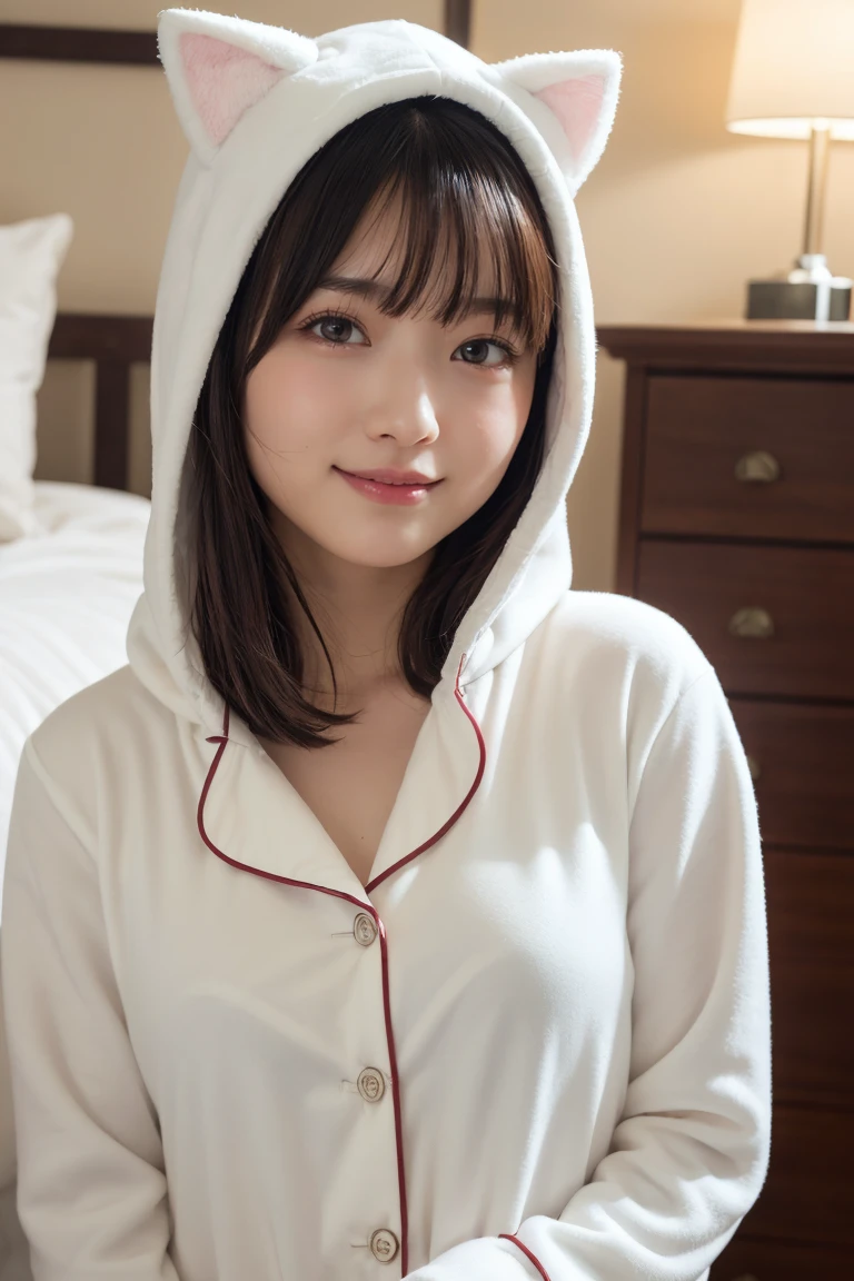 one girl, (a beauty girl, delicate girl:1.3), (Age 25:1.3),
break, (White fluffy kigurumi pajamas, Cat costume:1.2), (Upper Body:1.2),
break, Definition of very fine particles, (Symmetrical eyes:1.3),
break, (Bedroom:1.3),
break, Small breasts, Brown eyes, Parted bangs, Brown Hair, girl,
break, (Eye and facial details:1.0),
break, (masterpiece, Highest quality, Very detailed, Detailed face, 8K)、Upper Bodyは裸、Nipples sticking out、smile、