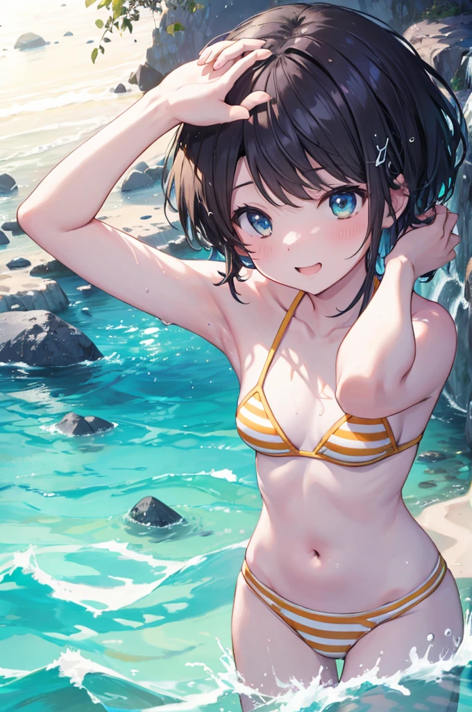 Swimwear、Concept Art、masterpiece、Shy laugh、high resolution、Playing in the sea、Shooting from below、Pour water on、up