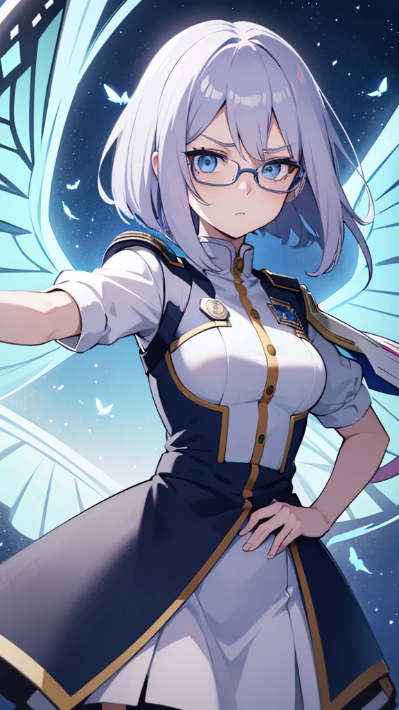 my hero academia screenshot, girl with hair half light blue and half lilac, blue eyes, very pale skin, glasses, in the UA uniform, with butterfly wings of light blue color faded to white on its back, serious expression looking to the side, shoulder length hair in bob cut, with volume