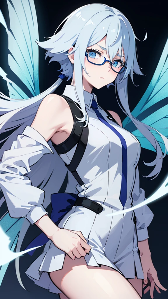 my hero academia screenshot, girl with hair half light blue and half lilac, blue eyes, very pale skin, glasses, in the UA uniform, with butterfly wings of light blue color faded to white on its back, serious expression looking to the side, shoulder length hair in bob cut, with volume