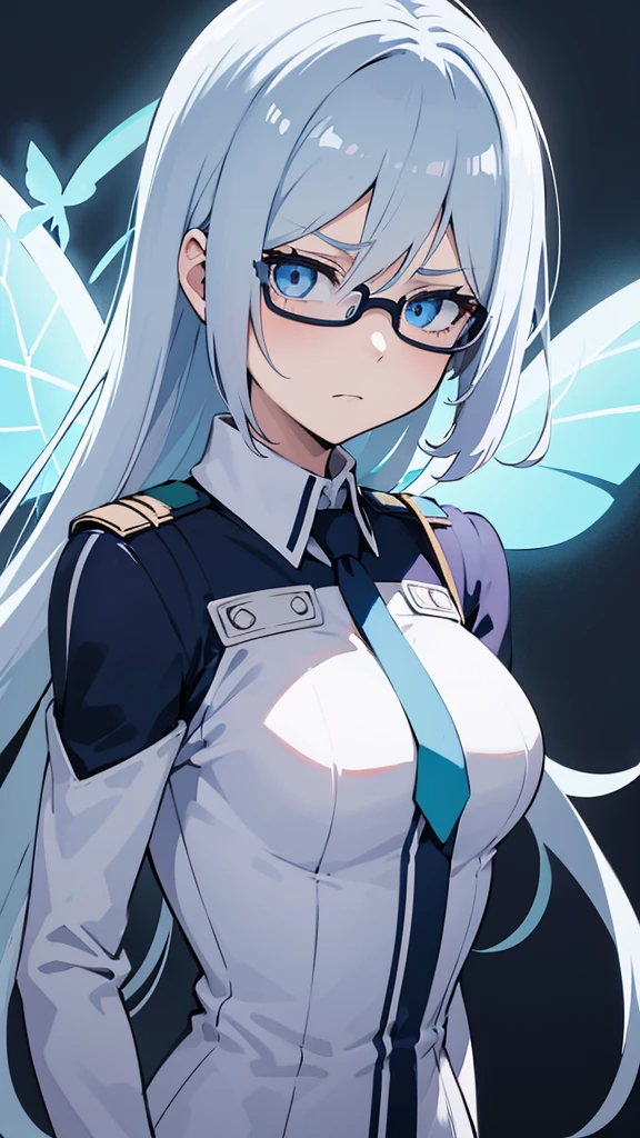 my hero academia screenshot, girl with hair half light blue and half lilac, blue eyes, very pale skin, glasses, in the UA uniform, with butterfly wings of light blue color faded to white on its back, serious expression looking to the side, shoulder length hair in bob cut, with volume