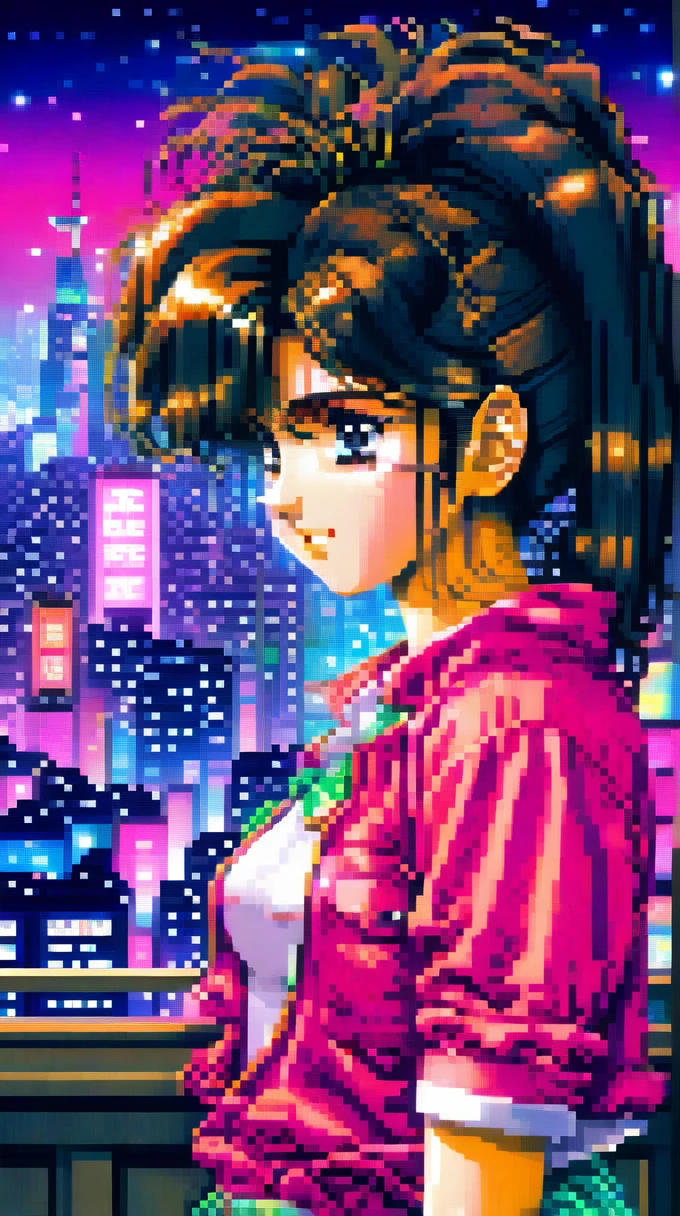 ((best quality)), ((masterpiece)), (detailed), 1girl, sexyhighest quality, masterpiece, Very detailed, Detailed Background, anime, One girl, Young girl, Sexy Girls, Black hair ponytail girl,　 Atmospheric lighting, Focus Only, close　 Depth of written boundary, Bokeh　1990年代anime　１９８０年代anime　１９８０Period Fashion　 　City Pop 　　Big glasses　 Beautiful eyes　B90,W60，H90 White Skin　Pink lighting　Light pink clothes pixel, 16-bit Style, Pixel art, Nintendo game scene, Cool colors, green,Tokyo at night in the background, Skyscraper, Skyline, Modern, Colorful lights, Tokyo Night, dark, A girl in the foreground, whole body,greenい瞳　I&#39;m wearing headphones　Cleavage　No text needed　Night view is a photo　Place the person on the far right　
