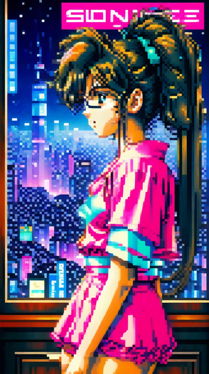 ((best quality)), ((masterpiece)), (detailed), 1girl, sexyhighest quality, masterpiece, Very detailed, Detailed Background, anime, One girl, Young girl, Sexy Girls, Black hair ponytail girl,　 Atmospheric lighting, Focus Only, close　 Depth of written boundary, Bokeh　1990年代anime　１９８０年代anime　１９８０Period Fashion　 　City Pop 　　Big glasses　 Beautiful eyes　B90,W60，H90 White Skin　Pink lighting　Light pink clothes pixel, 16-bit Style, Pixel art, Nintendo game scene, Cool colors, green,Tokyo at night in the background, Skyscraper, Skyline, Modern, Colorful lights, Tokyo Night, dark, A girl in the foreground, whole body,greenい瞳　I&#39;m wearing headphones　Cleavage　No text needed　Night view is a photo　Place the person on the far right　
