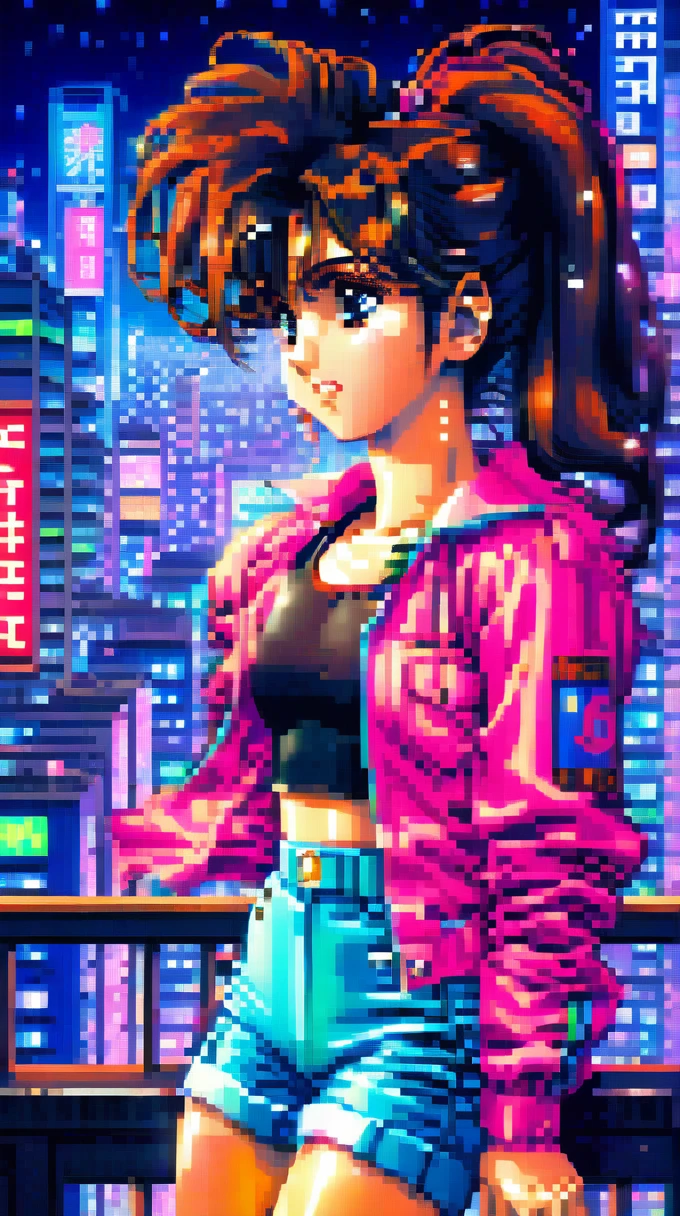 ((best quality)), ((masterpiece)), (detailed), 1girl, sexyhighest quality, masterpiece, Very detailed, Detailed Background, anime, One girl, Young girl, Sexy Girls, Black hair ponytail girl,　 Atmospheric lighting, Focus Only, close　 Depth of written boundary, Bokeh　1990年代anime　１９８０年代anime　１９８０Period Fashion　 　City Pop 　　Big glasses　 Beautiful eyes　B90,W60，H90 White Skin　Pink lighting　Light pink clothes pixel, 16-bit Style, Pixel art, Nintendo game scene, Cool colors, green,Tokyo at night in the background, Skyscraper, Skyline, Modern, Colorful lights, Tokyo Night, dark, A girl in the foreground, whole body,greenい瞳　I&#39;m wearing headphones　Cleavage　No text needed　Night view is a photo　Place the person on the far right　
