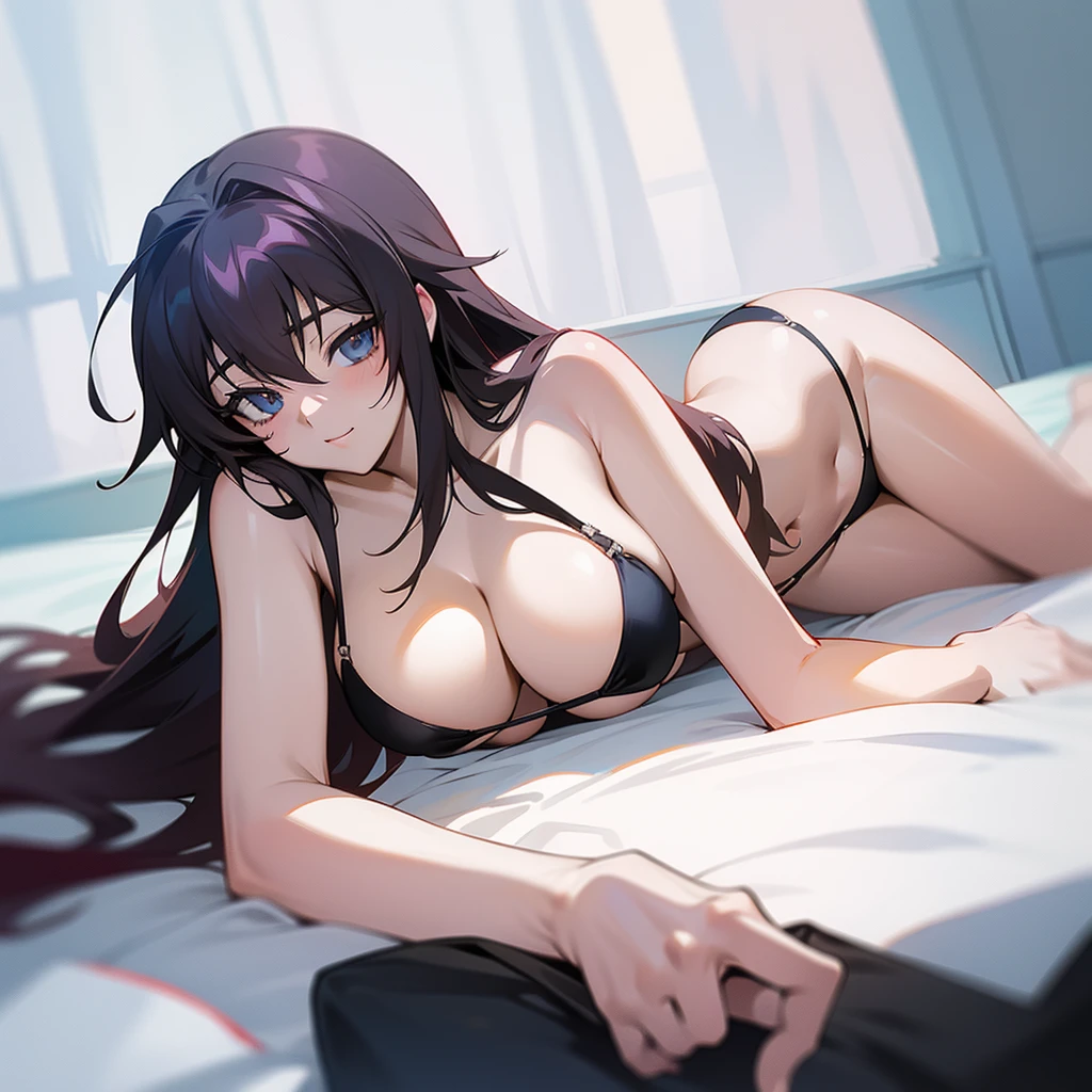 Rias (anime dxd) in black bikini lying on a white bed looking at the camera 