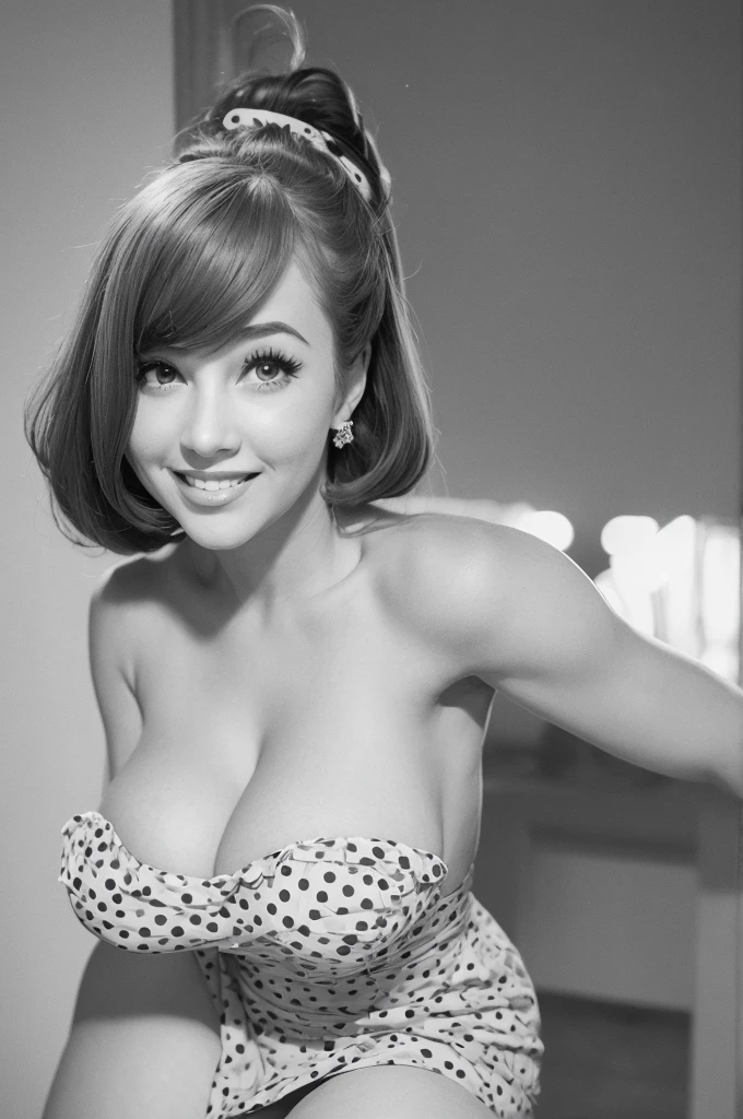 Classic 60’s pinup girl, stunning face, smiling, half body shot, polka dot dress, cleavage, J Scott Campbell style, 8k, ultra sharp, sleeveless, bare legs, huge breasts