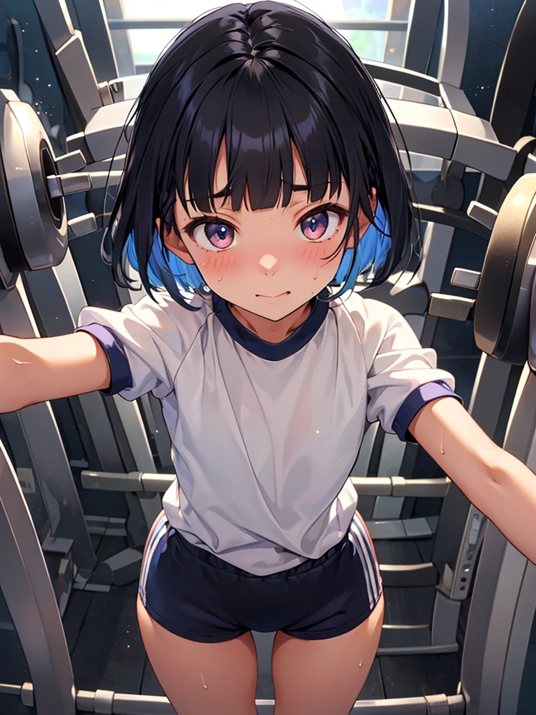 (((Embarrassed face)))、One Face、 (((A very cute face like a top Japanese idol)))、glowing eye、(((face focus)))、One  girl, (((Short Hair ))), Composition from the front、(((Black Hair)))、(((looking at the camera)))、(((Tight gym clothes)))、(((blunt bangs)))、(((Bloomers)))、((Highest quality)), ((masterpiece)),(detailed),High resolution,Sharp focus,Perfect Face,{Best illustrations}, (非常にdetailed CG unity 8k wallpaper),(((Vibrant colors))),Official Art, shiny 肌,very shiny 肌,Shiny body,plastic glitter 肌,exaggerated shiny 肌,Glowing Skin, ((detailedなボディ)),((detailedな顔))、(((gym)))、french braid、Legs apart、Sweat、Looking up、from above、Sigh