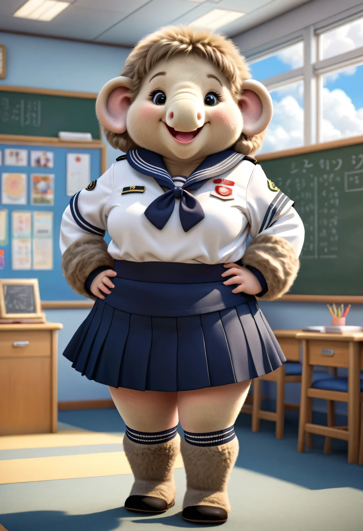  photorealistic portrait of Dressed animals-a ((fat))baby ((mammoth)) student,(furry), (elegant pose:1.5), (hands on hips:1.5),(smile:1.5),high quality,(),(lovely) ,intricate details, Wearing Japanese sailor uniform , (short skirt), highly detailed ((female sailor  uniform)) ,highly detailed clothes, high sox , (happy), soft lighting,(full body image:2.0),in classroom background,clouds,score_9, score_8_up, score_7_up, score_6_up, score_5_up, score_4_up,
