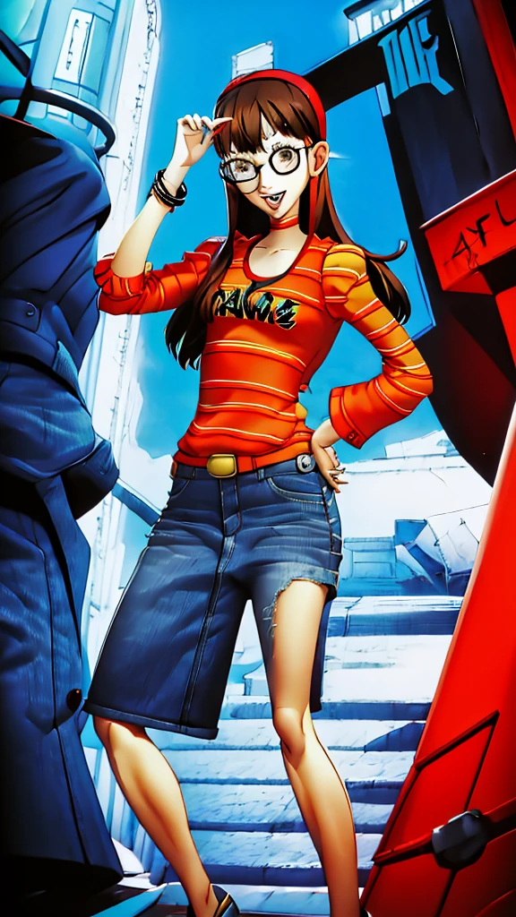 colettedef, sharp teeth, hair over one eye, hairband, blue shirt, long sleeves, red vest, pants,striped shirt, long sleeves, skirt, denim skirt, dsfutaba