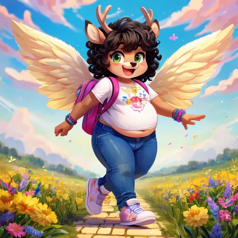 Cute, deer boy, small deer antlers, innocent, chubby, fat, big thighs, androgynous, femboy, short curly hair, black hair, fawn spots, freakles, ((cute)), smiling, wearing cottage core outfit, pastel color scheme, young, cartoony, adorable, deer tail, moss green eyes, angel wings, dynamic pose, excited pose, energetic pose, happy pose, spring, spring clothes, spring colors, flowers blooming, wearing a fitted white T-shirt with a fun colorful graphic or embroidery of spring motifs like flowers butterflies or birds with light-wash high-waisted skinny jeans or mom jeans that are slightly cropped at the ankle and classic white sneakers or slip-on shoes with a playful pattern wity trendy round sunglasses with a light tint and stacked bracelets and a few rings also a small structured backpack or a tote bag in a bright, cheerful color, walking on a white brick road on a flower field,
