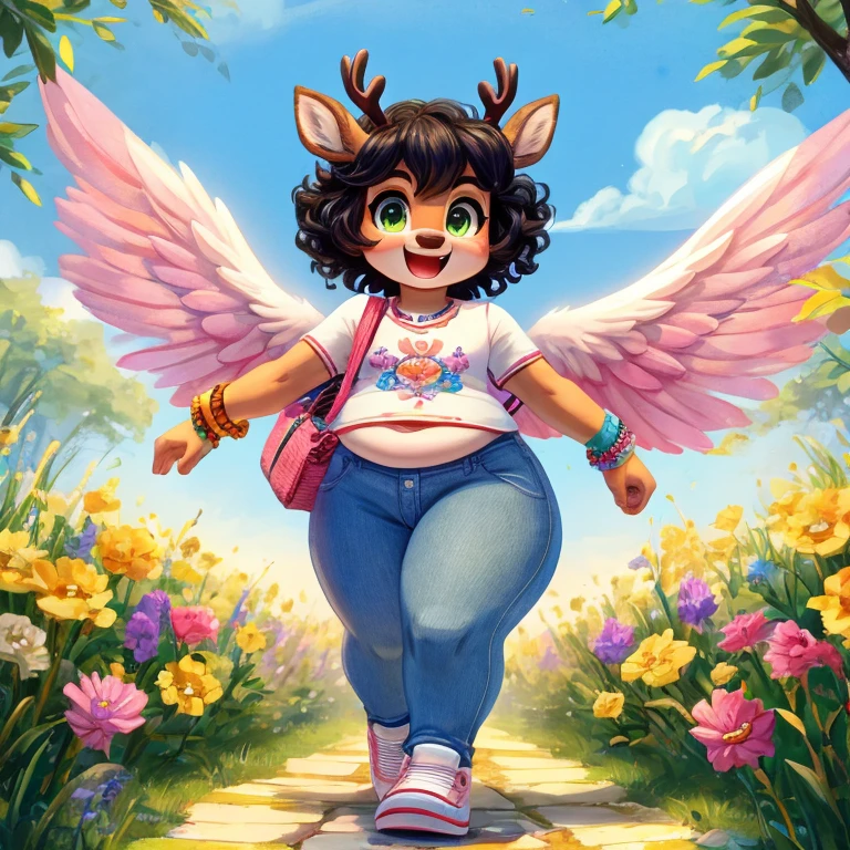 Cute, deer boy, small deer antlers, innocent, chubby, fat, big thighs, androgynous, femboy, short curly hair, black hair, fawn spots, freakles, ((cute)), smiling, wearing cottage core outfit, pastel color scheme, young, cartoony, adorable, deer tail, moss green eyes, angel wings, dynamic pose, excited pose, energetic pose, happy pose, spring, spring clothes, spring colors, flowers blooming, wearing a fitted white T-shirt with a fun colorful graphic or embroidery of spring motifs like flowers butterflies or birds with light-wash high-waisted skinny jeans or mom jeans that are slightly cropped at the ankle and classic white sneakers or slip-on shoes with a playful pattern wity trendy round sunglasses with a light tint and stacked bracelets and a few rings also a small structured backpack or a tote bag in a bright, cheerful color, walking on a white brick road on a flower field,