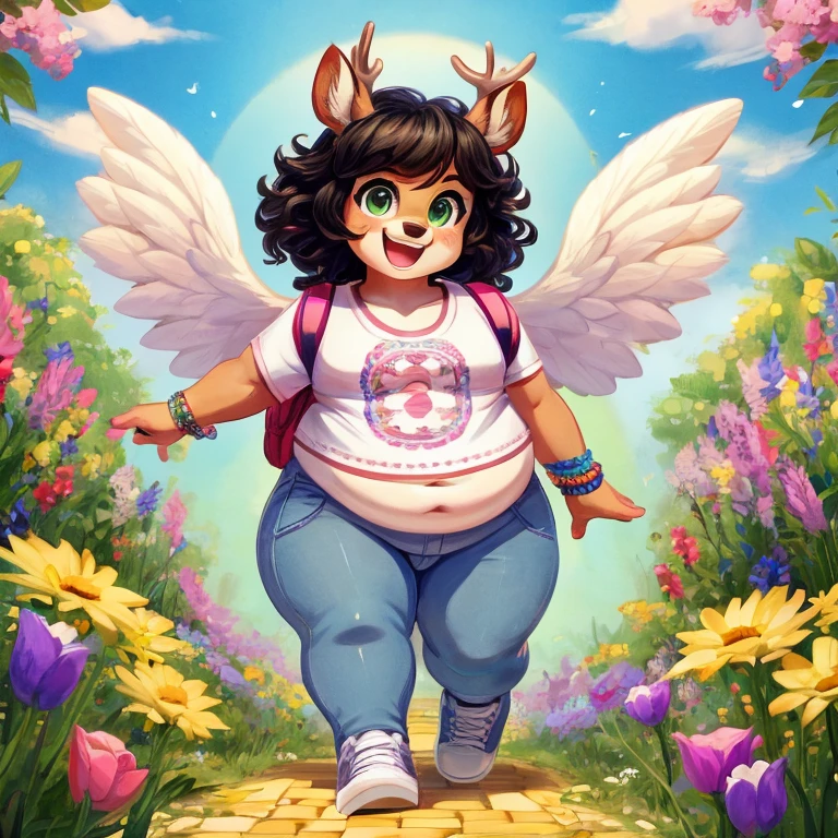 Cute, deer boy, small deer antlers, innocent, chubby, fat, big thighs, androgynous, femboy, short curly hair, black hair, fawn spots, freakles, ((cute)), smiling, wearing cottage core outfit, pastel color scheme, young, cartoony, adorable, deer tail, moss green eyes, angel wings, dynamic pose, excited pose, energetic pose, happy pose, spring, spring clothes, spring colors, flowers blooming, wearing a fitted white T-shirt with a fun colorful graphic or embroidery of spring motifs like flowers butterflies or birds with light-wash high-waisted skinny jeans or mom jeans that are slightly cropped at the ankle and classic white sneakers or slip-on shoes with a playful pattern wity trendy round sunglasses with a light tint and stacked bracelets and a few rings also a small structured backpack or a tote bag in a bright, cheerful color, walking on a white brick road on a flower field,