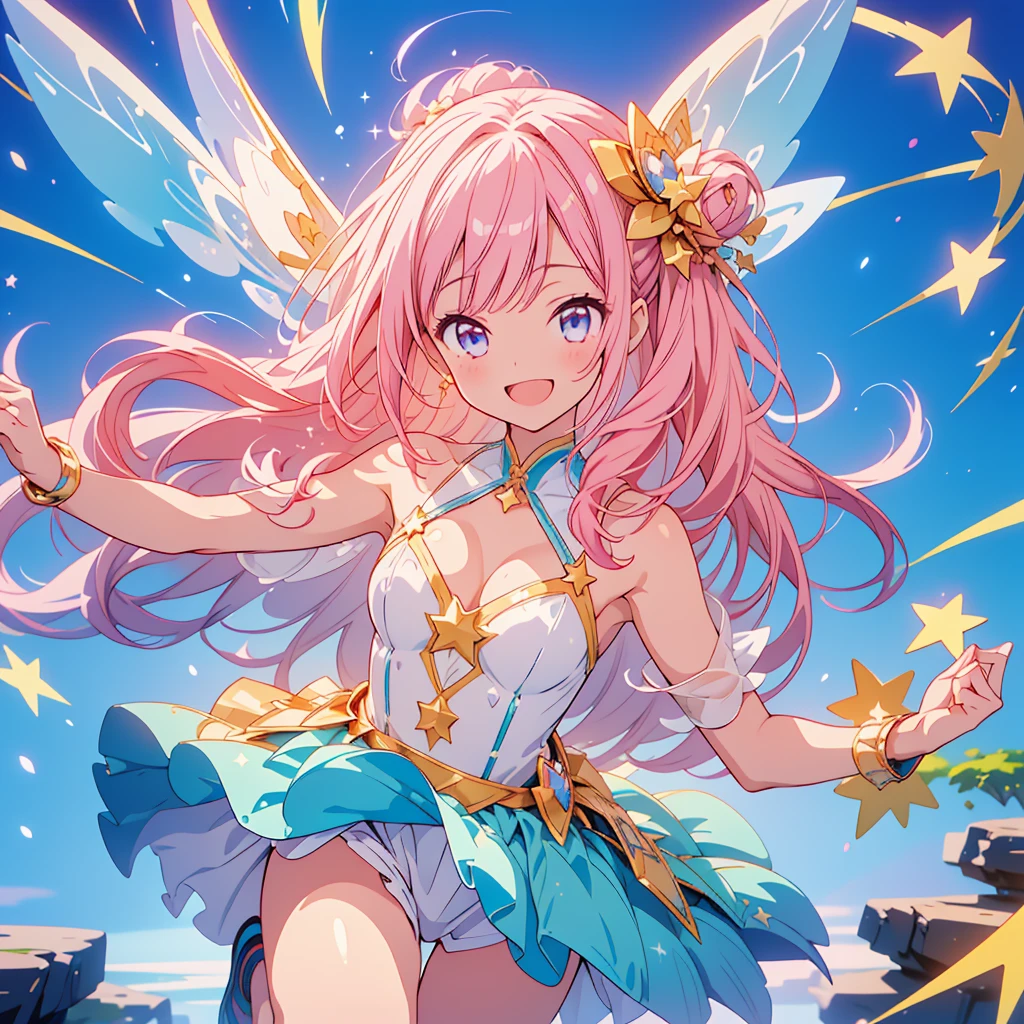 1girl、Star Fairy、(((Highest quality、Masterpiece、Official Art、Super detailed、The best dynamic composition)))、人生最高のsmile、fluffy、Sparkling、はじけるsmile、Capture the moment of jumping for joy、happiness、happiness、joy、smile、Laughing with mouth open、