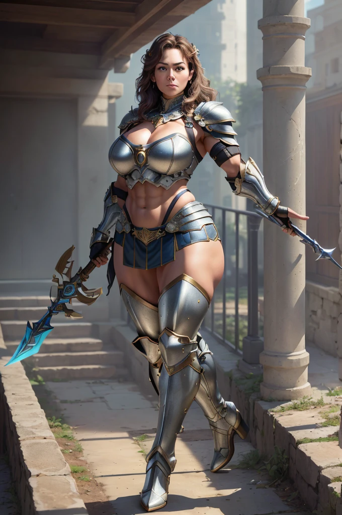 (Best lighting) , (Very intricate details) , 4K Integration, (Super fine CG: 1.2) , (8K: 1.2),(original), (masterpiece) , (Highest quality),(masterpiece:1.4),((Full  images))、Photo quality,(masterpiece),masterpiece, Highest quality, Absurd,((Masterpiece, 4K, 8K, High resolution)),(masterpiece), (Highest quality), (Super detailed), (Very delicate and beautiful), ((Full body image 1:1.5)), 1 female,　((solo woman image)), The face of a 40-year-old Western woman、A beautiful, well-balanced face、 ((A woman with a muscular body like a male bodybuilder)),((Huge muscular physique))、((A giant woman, 18 metres tall))、Giants Women、((Beautiful woman)),((Woman warrior)),45 year old mature woman, Wearing Valkyrie Metal Armor、((Metal armor that resembles a thick chest and abdominal muscles))、((Metal armor covering the upper body))、mini skirt、Valkyrie's Helmet、Very strong legs、((Long boots with pin heels))、((kneehigh boots))、Wields a large spear as long as his height、A large spear longer than a person&#39;s height、Medieval streetscape,((The Queen's Appearance))、The majesty of the queen、((The Strongest Queen of Mankind))、(Huge muscular physique),((Protruding veins))、((A woman with a toned chest like a male bodybuilder))、Raised trapezius muscle、very thick neck、((Strong arms with bulging biceps))、A muscular chest、Six-pack、((Thick thighs with bulging muscles))、Exposed thighs、((Bicep-like calf muscles))、Overflowing with incredible strength、Muscles bulging out from under the force of force all over the body、Black Hair、ponytail、A commanding presence,Poses that show off their monstrous power,Model standing、Standing with dignity、Vibrant colors,Down to the smallest thread,Impressive level textures,Sharp focus