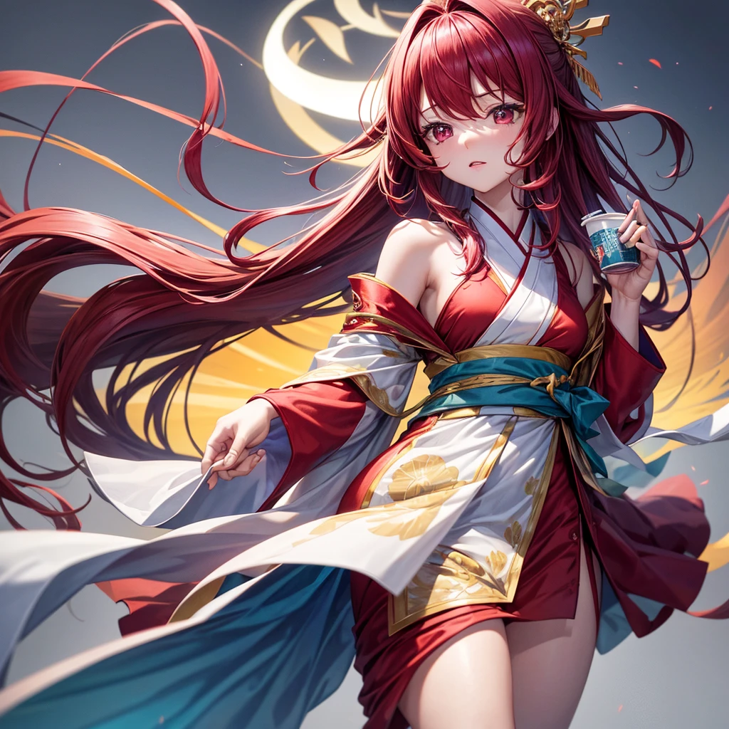 8K Ultra High Quality, ultra detali, high qualiy,maroon hair, shorth hair, cups, girl, Light yellow kimono dress, Blue halo, whole body, empty gray background
