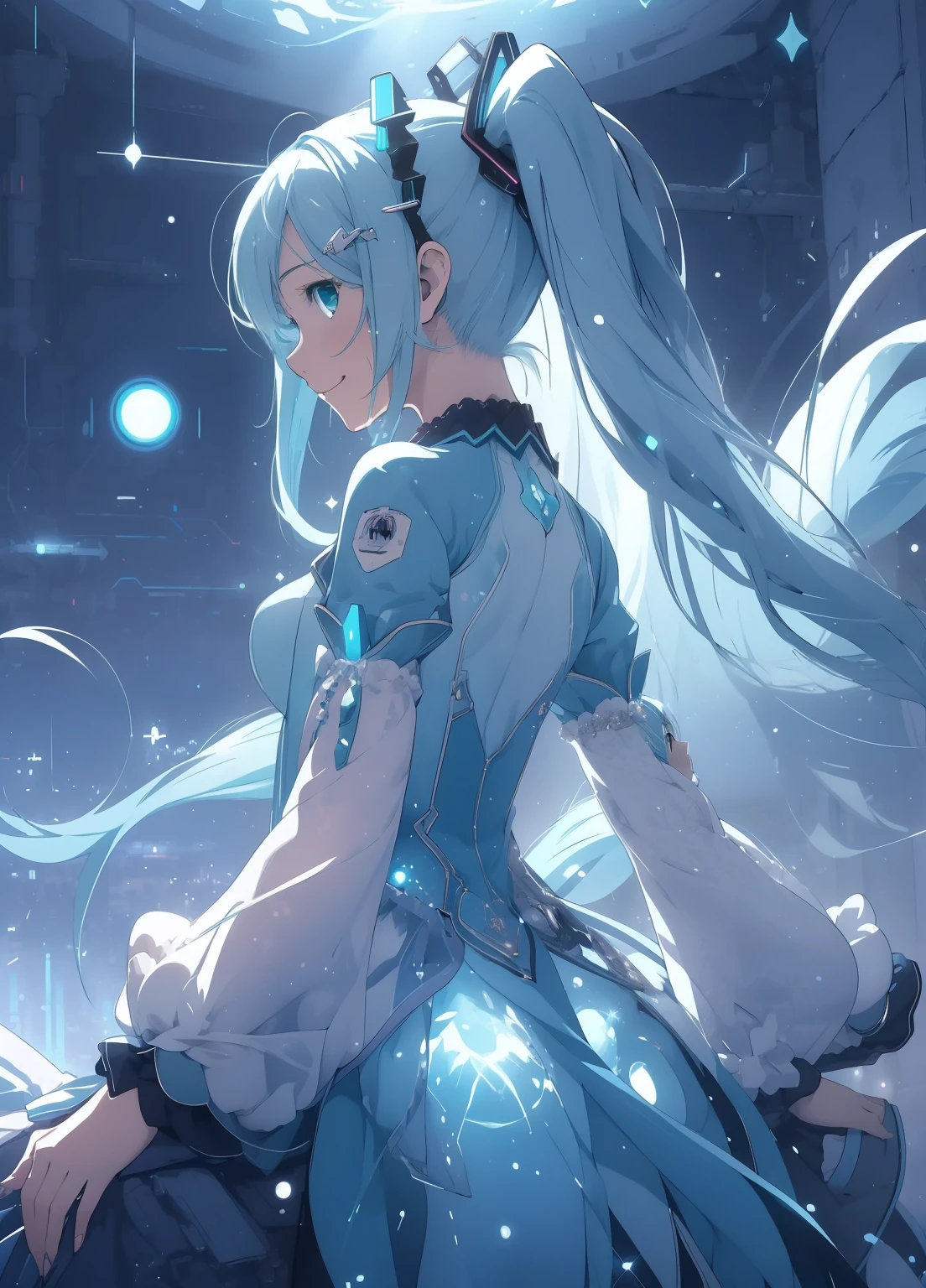 (masterpiece、Highest quality、Highest quality、Official Art、Beautiful and beautiful:1.2)、(One girl:1.3)Hatsune Miku、Twin tails,Beautiful breasts,(masterpiece), (sf:1.4), One girl, She turned away, smile, Silver Hair, Aqua Eye, headgear, Long sleeve, Removable sleeves, Glowing Energy Clothing, Particles of light