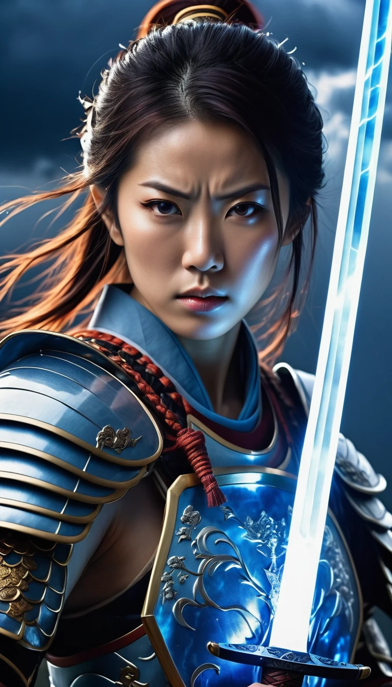 A strong female warrior with Japanese characteristics，Wearing traditional Japanese armor，The armor glows blue，Similar to thunder，Serious expression，Holding a transparent crystal Japanese sword，Surrounded by electricity，Stormy sky on background，sometimes、Lightning illuminates dramatic scene.，Photo Style，Super detailed，Anatomically correct, masterpiece, Accurate, Textured skin, Super detailed, Attention to detail, Awards, 8K