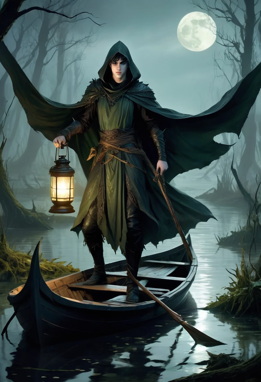 a shadowy and misty swamp, fierce battle against aquatic monsters, a young girl wrapped in a protective cloak, Kaelith the Shadow Hunter wielding a curved lance in a small wooden boat, dark cloak, determined and fierce eyes, scaly creatures emerging from murky waters with sharp fangs, oppressive and gloomy atmosphere, twisted swamp vegetation, pale moon barely visible through dense clouds, flickering light of an enchantment blinding the monsters, dramatic contrast