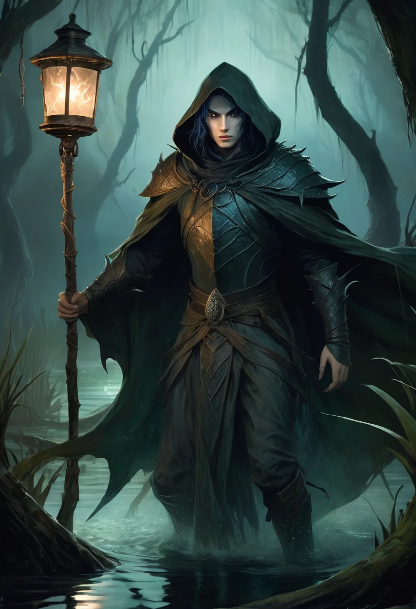 Retrate Kaelith, the Shadowhunter, in a dark and misty swamp, amidst a fierce battle against aquatic monsters. Kaelith must be in a small wooden boat, holding a scared wrapped in his protective cloak. He wields a curved spear, your figure wrapped in a dark cloak, with determined and fierce eyes. Ao redor dele, scaly creatures emerge from the murky waters, her sharp fangs reflecting the dim light of the oil lantern Kaelith carries. The atmosphere must be oppressive and gloomy, with the gnarled vegetation of the swamp and the pale moon barely visible through the dense clouds. The sparkling light of an enchantment spreads in the air, blinding the monsters and creating a dramatic contrast in the scene.