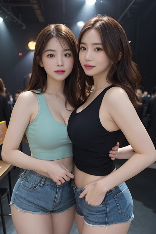 ((masterpiece, Highest quality, Super detailed, Hyperrealism)), Adorable girl, Facing the camera, Realistic, , Very detailed, Sharp focus, Perfect Face, Perfect Plump Lips, Solo Angel, Cinematic, Film Light, Super detailed, Atmospheric, High resolution, Vibrant, Dynamic Studio Lighting, Browsing Caution, ((Dark and sparkly background)), Sexy Face, Blushed, Straight bangs, (膨らんだLarge Breasts, Ample cleavage), Two women,Equal height,Chestnut-colored hair,Facing each other,Two bodies approaching,、Photo of the two of them、Holding hands and facing each other、向かい合うPhoto of the two of them、Push each other、Put your boobs together、Huge 、Super big breasts、Large Breasts、Shorts、Tank top