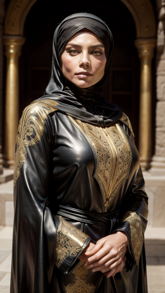 PetaWilson,gorgeous woman, professional, (4k photo) by (Jeremy Lipking:0.3), (Dittmann Anna:0.3), (Arian Mark:0.3), (Sharp focus:1.3), (beautiful woman:1.3), wearing (leather hijab, leather abaya with intricate gold details:1.2), perfect make-up, striking, mesmerizing eyes, beautiful detailed face, standing in an arabian medieval marketplace