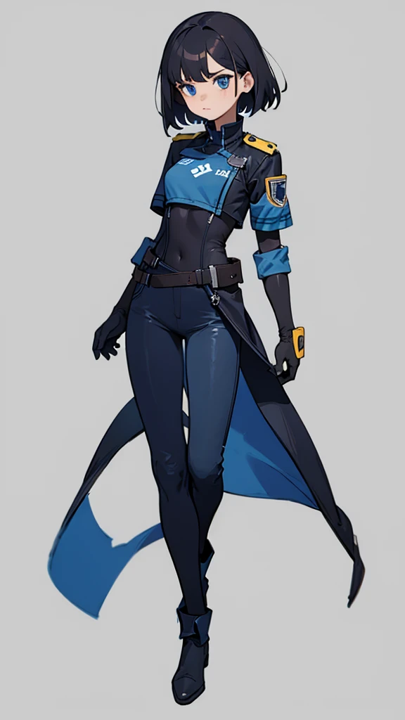 1,An android that resembles a human,Deep blue eyes,Short black hair,Dark blue uniform,Island symbol on chest,Armband on right arm,gloves,Dark blue pants for easy movement,Many side pockets,Black leather boots,badge,White background,whole body,Character portrait,