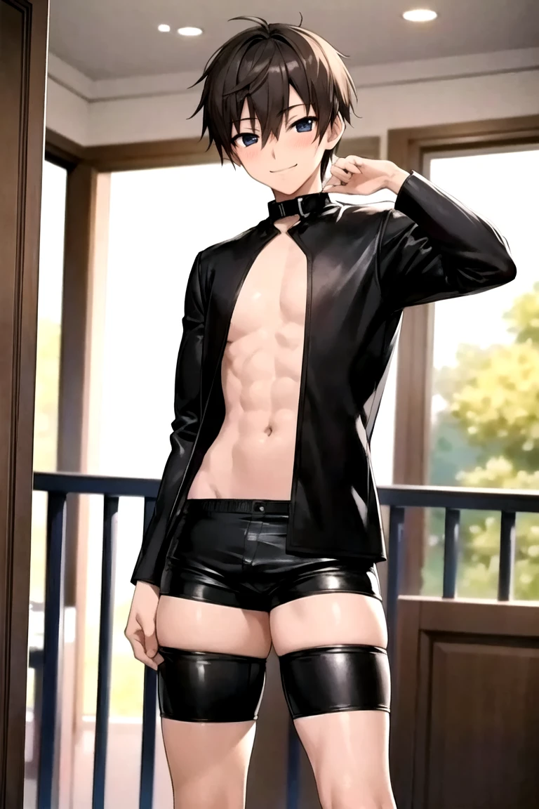 masterpiece, Highest quality, beautiful boy anime face, sweet, 19 old a boy, gay anime hentai, tall boy, no underwear, bedroom alone, sexy pose, blushing and smile face, shirtless body, short hair, black eyes, leather shorts, want sex, prostitute boy, full body, crotch emphasis, crotch touching