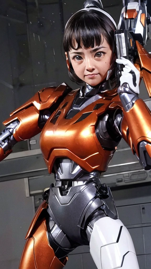 Rough skin, Very detailed, Advanced Details, high quality, 最high quality, High resolution, 1080P, hard disk, beautiful,(War Machine),beautifulサイボーグの女性,Red Mecha Cyborg Girl,Fight,Girl with a mechanical body,、 girl　Very short hair、Sweaty brown eyes、Sweaty face、Expressions of unfair treatment　cute　Black Hair(Steam coming out of the body)　((Steam coming out of my head)) (((Steam coming out of the whole body))) Glasses　Squat　Spread your legs Spread your legs　(Shyness)