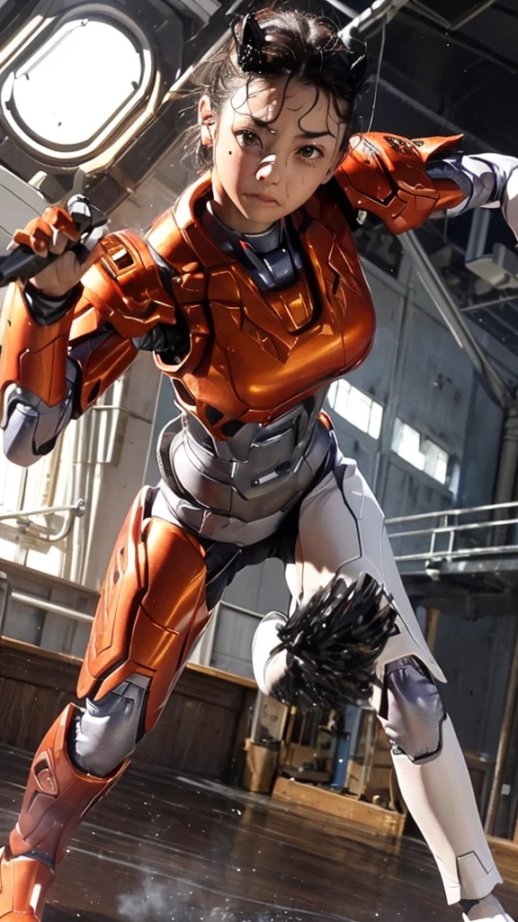 Rough skin, Very detailed, Advanced Details, high quality, 最high quality, High resolution, 1080P, hard disk, beautiful,(War Machine),beautifulサイボーグの女性,Red Mecha Cyborg Girl,Fight,Girl with a mechanical body,、Junior high school girl　Very short hair、Sweaty brown eyes、Sweaty face、Expressions of unfair treatment　cute　Black Hair(Steam coming out of the body)　((Steam coming out of my head)) (((Steam coming out of the whole body))) Glasses　Squat　Spread your legs Spread your legs　(Shyness)