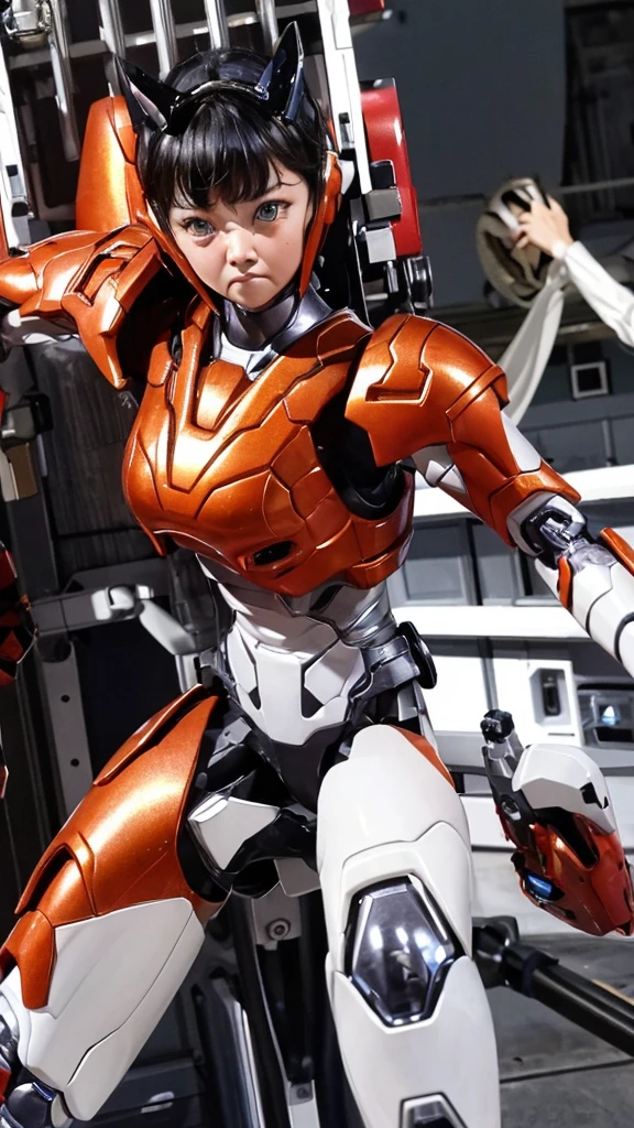 Rough skin, Very detailed, Advanced Details, high quality, 最high quality, High resolution, 1080P, hard disk, beautiful,(War Machine),beautifulサイボーグの女性,Red Mecha Cyborg Girl,Fight,Girl with a mechanical body,、 girl　Very short hair、Sweaty brown eyes、Sweaty face、Expressions of unfair treatment　cute　Black Hair(Steam coming out of the body)　((Steam coming out of my head)) (((Steam coming out of the whole body))) Glasses　Squat　Spread your legs Spread your legs　(Shyness)