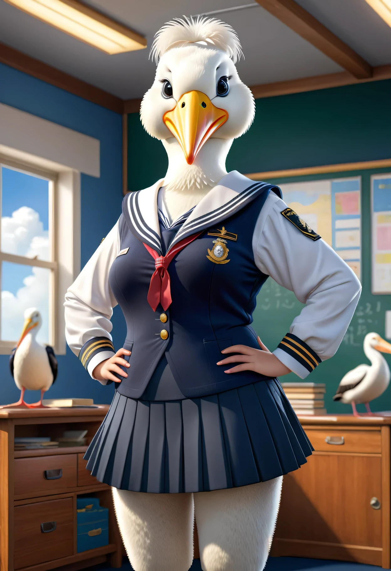 photorealistic portrait of Dressed animals-a ((fat)) ((pelican)) student,(furry), (elegant pose:1.5), (hands on hips:1.5),(smile:1.5),high quality,(),(lovely) ,intricate details, Wearing Japanese sailor uniform , (short skirt), highly detailed ((female sailor uniform)) ,highly detailed clothes, high sox , (happy), soft lighting,(full body image:2.0),in classroom background,clouds,score_9, score_8_up, score_7_up, score_6_up, score_5_up, score_4_up,