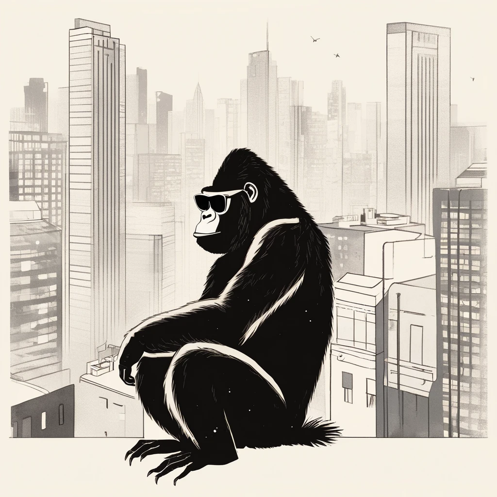 gorilla-like , sweet,art by Sophie Roach , art by Jon Klassen , art by Michael Cho , art by Sophie Roach、sunglasses,campimg,smoking,city