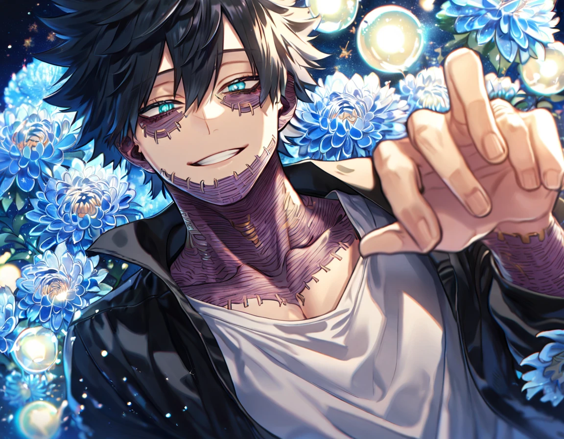 absurdres, highres, ultra detailed, HDR, master piece, best quality, extremely detailed face, delicated features, Dabi, black hair, expressive turquoise eyes, Boku No Hero Academia, solo, sexy man, handsome, smiling, bare chest, fantasy, magical, butterflies, summer, green leaves, flowers, water