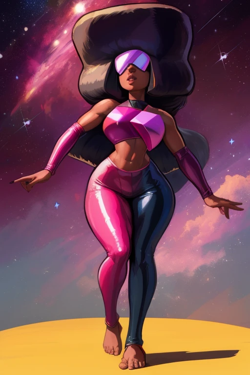 Garnet, blocky hair, afro,  navel , standing, full body, retro shades, serious,  
chest plate , black and pink silk robe, bare shoulders, barefoot, large gloves, outer space, stars,
 (insanely detailed, beautiful detailed face, masterpiece, best quality)