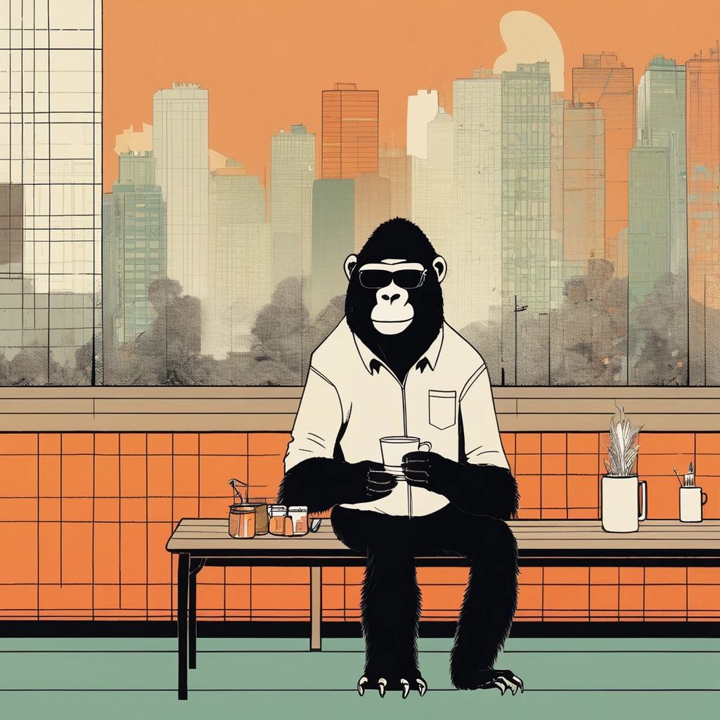 gorilla-like , sweet,art by Sophie Roach , art by Jon Klassen , art by Michael Cho , art by Sophie Roach、sunglasses,campimg,smoking,city