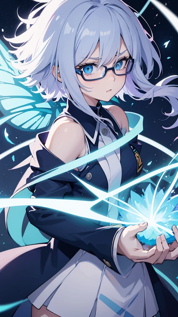 my hero academia screenshot, girl with hair half light blue and half lilac, blue eyes, very pale skin, glasses, in the UA uniform, with butterfly wings of light blue color faded to white on its back, serious expression looking to the side, shoulder length hair in bob cut, with volume