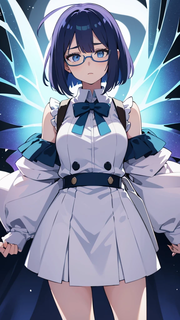 my hero academia screenshot, girl with hair half light blue and half lilac, blue eyes, very pale skin, glasses, in the UA uniform, with butterfly wings of light blue color faded to white on its back, serious expression looking to the side, shoulder length hair in bob cut, with volume