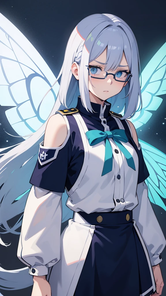 my hero academia screenshot, girl with hair half light blue and half lilac, blue eyes, very pale skin, glasses, in the UA uniform, with butterfly wings of light blue color faded to white on its back, serious expression looking to the side, shoulder length hair in bob cut, with volume