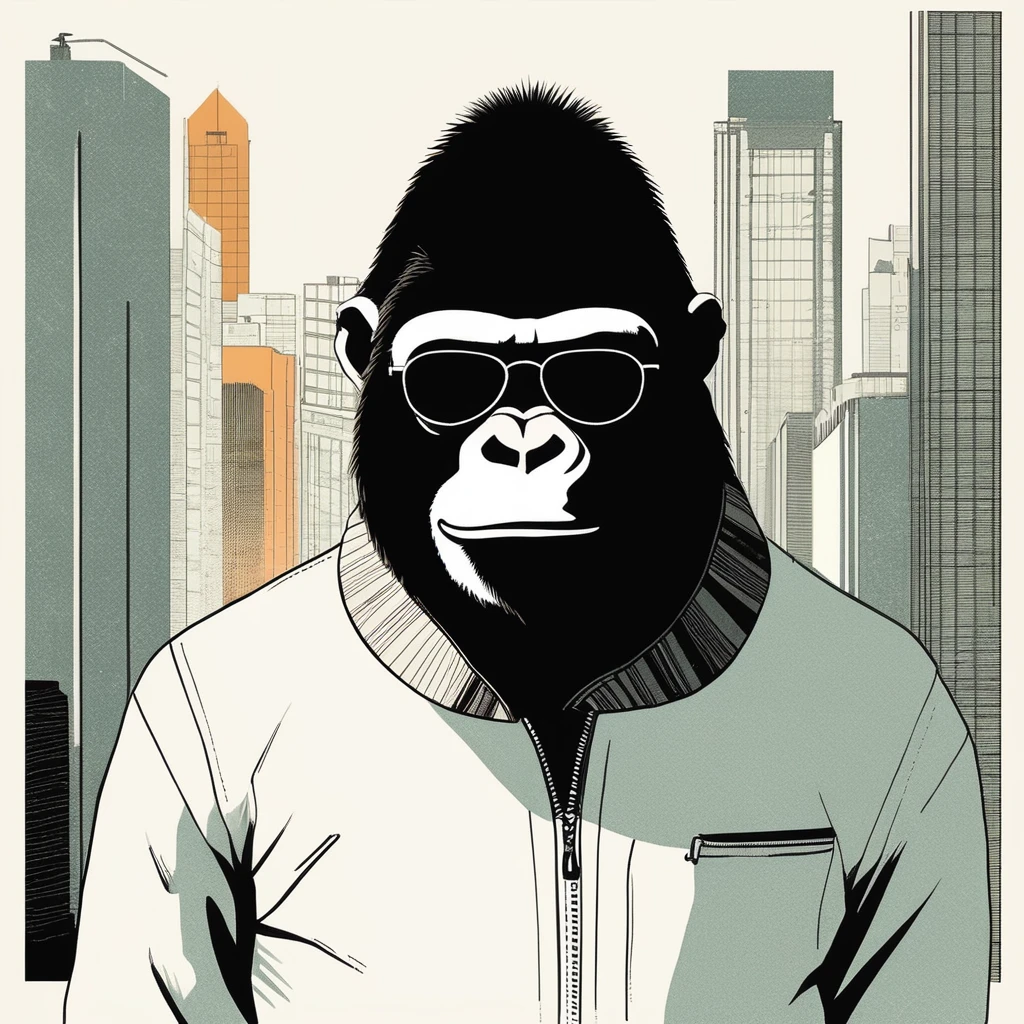 gorilla-like , sweet,art by Sophie Roach , art by Jon Klassen , art by Michael Cho , art by Sophie Roach、sunglasses,campimg,smoking,city