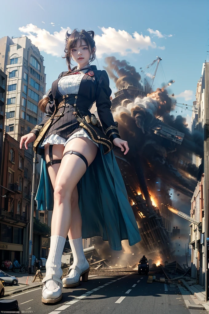 looking at the camera、steampunk、Standing on top of a ruined building、Big building explosion、The building collapses、Urban hustle and bustle、Traffic jam、City of Rubble、street tree、Car and bus、truck、taxi、City boulevard、Pedestrian bridge、Streetcar route((((Azur Lane Cheshire Cosplay))))、Frilled maid outfit、（(Super huge breasts)）、（(Plump thighs)）、Ground View，City of Giants,500 foot tall giant girl，skyscraper,Has super long legs,Step into the crowd，There are many people on the street,Knee-high socks，A happy look，Standing on the ruins，Beautiful appearance，Exquisite makeup，quality，8K，高quality，Perfect Proportions, Cinema Lighting，Film Grain，The Colors of Fuji，8K，Textured skin，Super Detail，High detail，high quality，High resolution，explode，False Smile、Reaching out